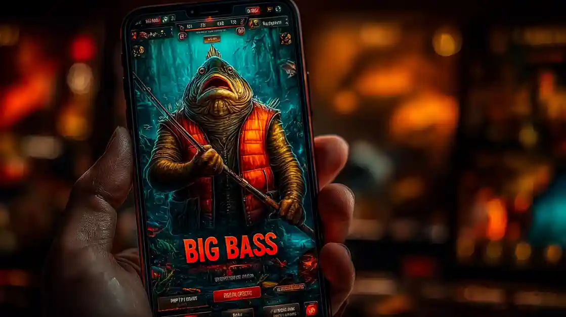 A close-up of a hand holding a smartphone showcasing a BIG BASS fishing game, featuring an anthropomorphic fish character, highlighting the engaging casual games on tkbat.