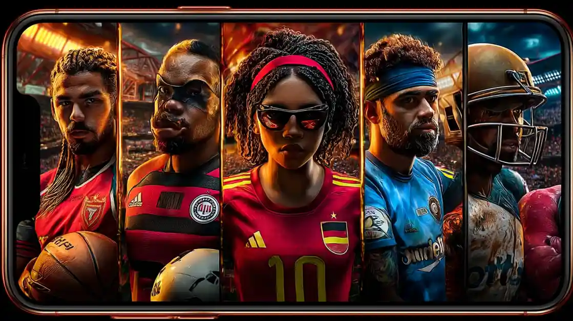 A smartphone screen displays a powerful collage of diverse male and female athletes from various sports, including football and soccer, representing the comprehensive sports betting options at tkbat.