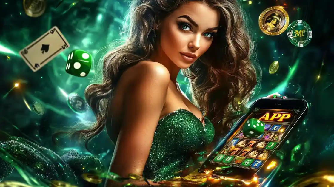 An enchanting woman with flowing hair, adorned in green, gazes captivatingly, surrounded by floating cards, dice, and coins, alongside a smartphone featuring the tkbat gaming app.