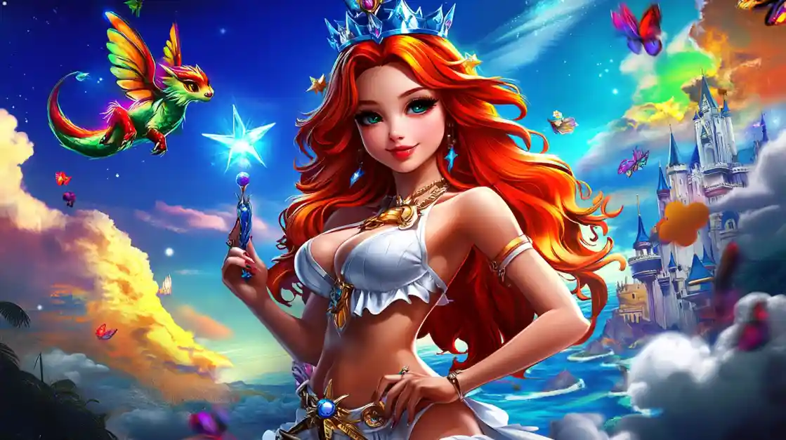 A vibrant fantasy scene featuring a beautiful princess with fiery red hair and a crown, holding a magic wand, with a small winged dragon and a fairytale castle in the background, embodying the magical world of tkbat.