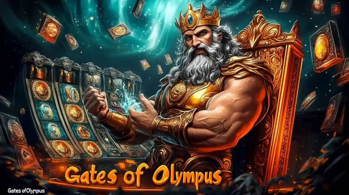 A majestic Zeus figure on a golden throne, surrounded by floating cards and a tkbat slot machine, with Gates of Olympus prominently displayed, inviting players to a mythical gaming experience.