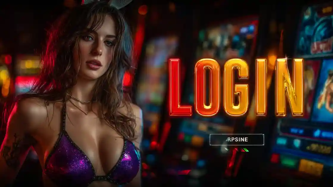 A captivating woman in a shimmering top stands beside a prominent LOGIN interface, with tkbat slot machines softly blurred in the background, inviting users to enter the world of tkbat.