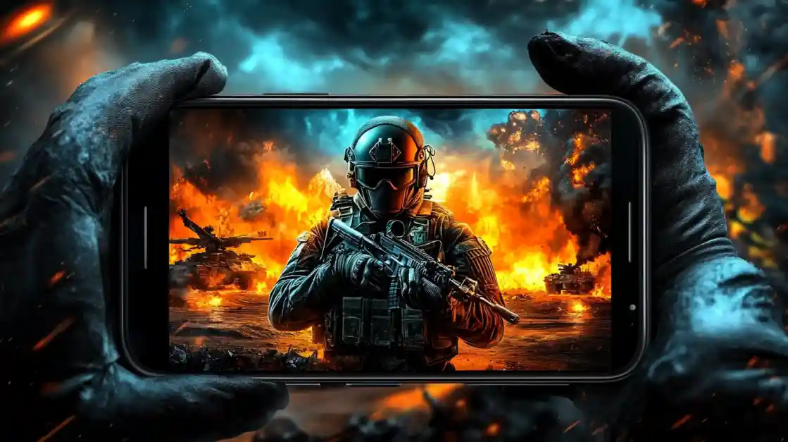 Hands holding a smartphone displaying an intense military shooter game with a soldier amidst explosions and tanks, showcasing the immersive action available on tkbat.