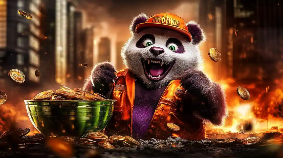 A cheerful panda character wearing an orange cap and jacket, surrounded by golden coins and a bowl of money, symbolizing wealth and good fortune with tkbat.
