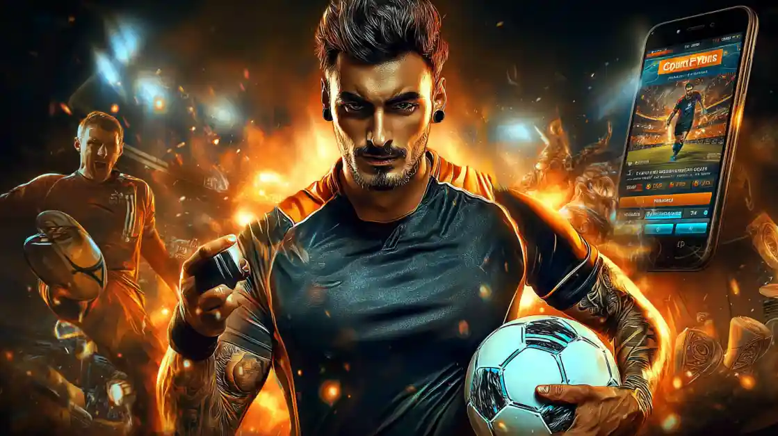 An intense male soccer player with tattoos holds a football, looking confidently at the camera with a tkbat sports betting app on a phone beside him, all set against a fiery action background.