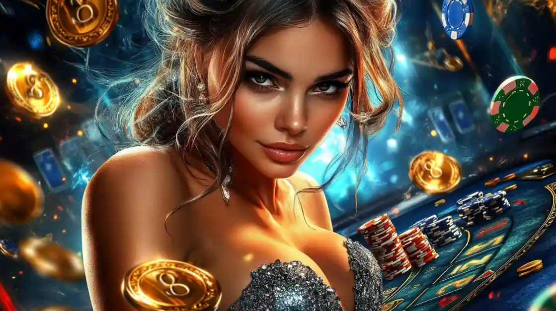 A beautiful woman in a glittering dress gives a captivating look while at a tkbat casino table, surrounded by floating gold coins, casino chips, and a roulette wheel.
