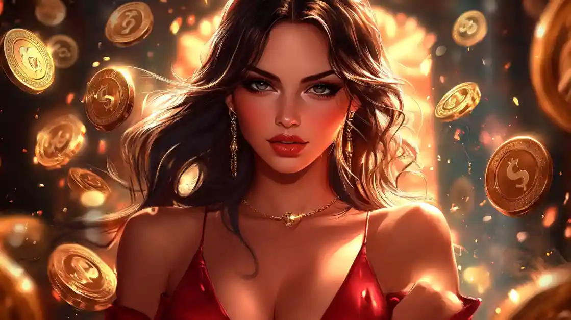 A stunning woman in a red dress, adorned with delicate jewelry, looks directly at the viewer as a shower of golden tkbat coins rains down around her, symbolizing big wins.