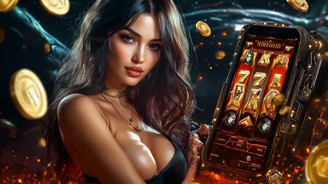 A beautiful woman in a black top looks confidently at the viewer while holding a smartphone displaying a tkbat mobile slot game with 777 symbols and golden coins.