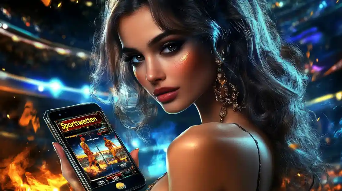 A glamorous woman with elegant makeup looks over her shoulder, holding a smartphone displaying the tkbat sports betting app against a vibrant stadium backdrop with fire effects.